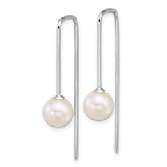 Sterling Silver Rhodium-plated 7-8mm Round White Freshwater Cultured Pearl Squared Threader Earrings