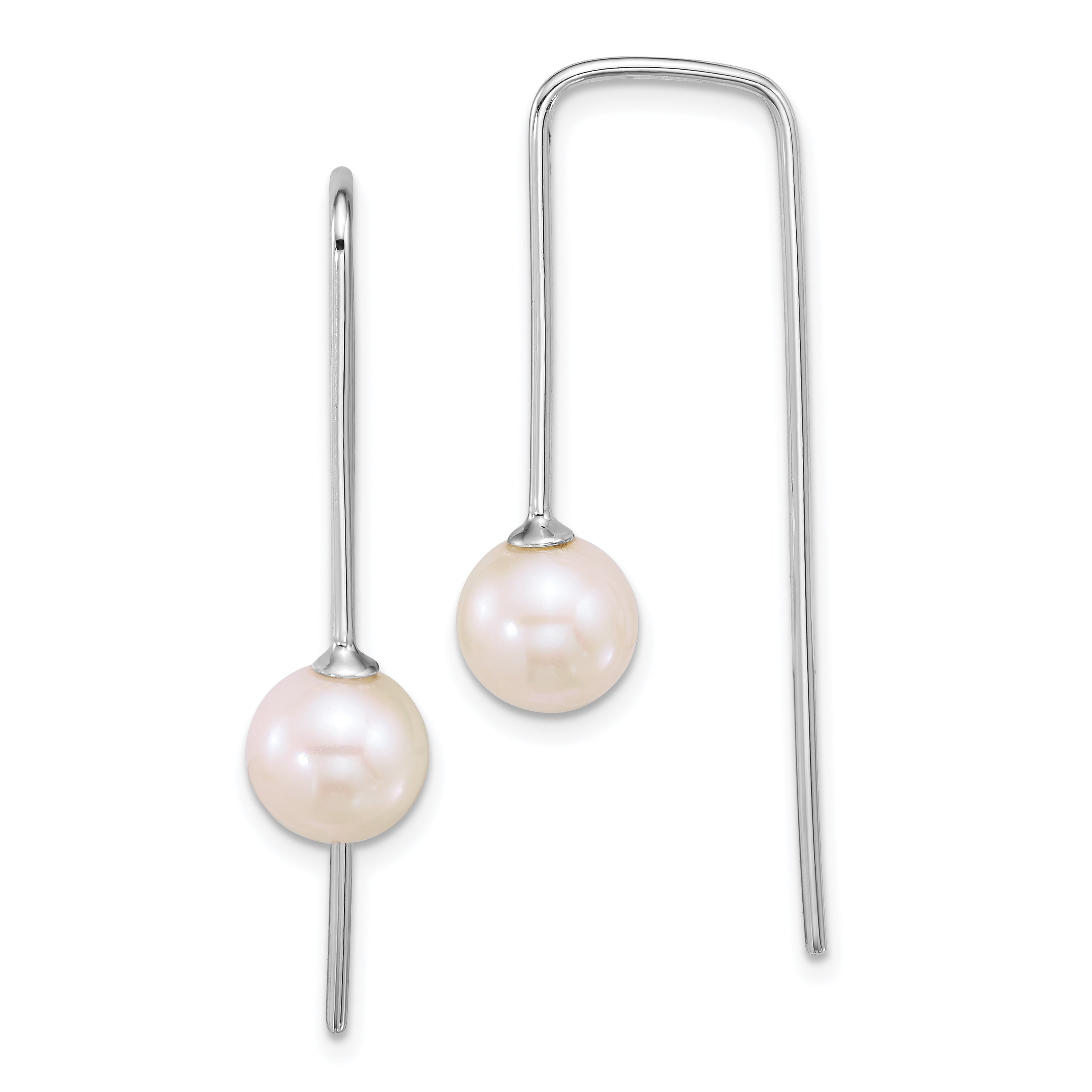 Sterling Silver Rhodium-plated 7-8mm Round White Freshwater Cultured Pearl Squared Threader Earrings