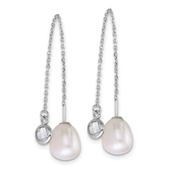 Sterling Silver Rhodium-plated 6-8mm Teardrop White Freshwater Cultured Pearl and Glass Stone Threader Earrings