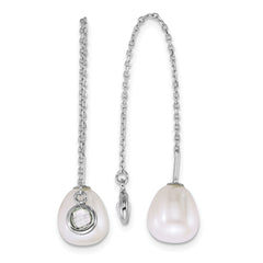 Sterling Silver Rhodium-plated 6-8mm Teardrop White Freshwater Cultured Pearl and Glass Stone Threader Earrings