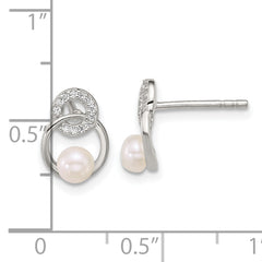 Sterling Silver Polished CZ Circles with 4-5mm Imitation Button Pearl Post Earrings