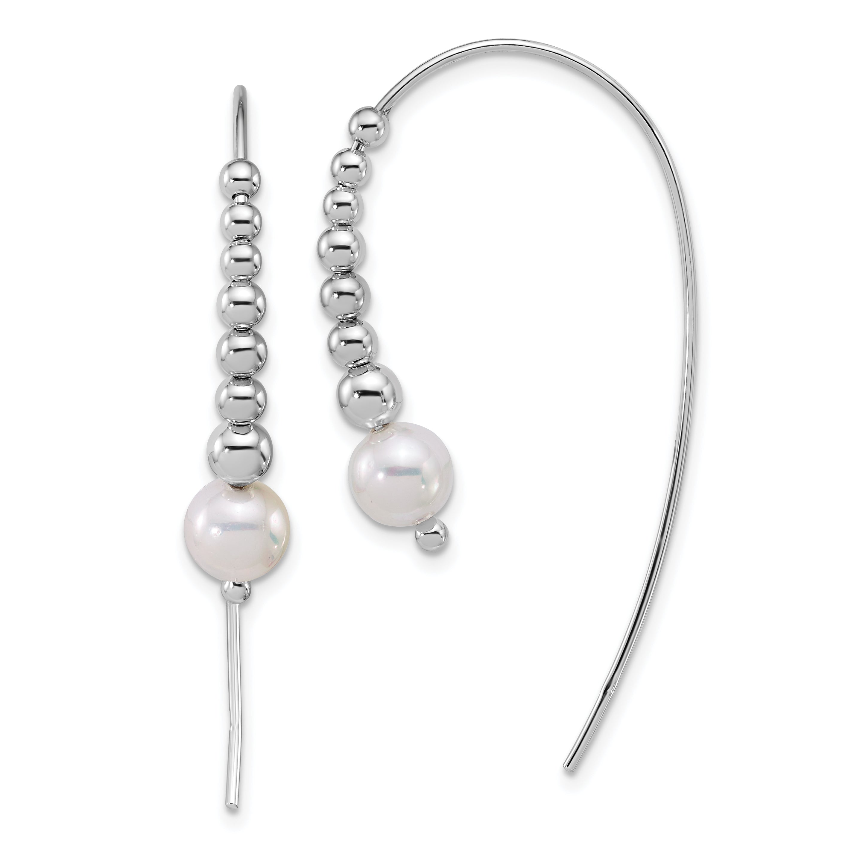 Sterling Silver Rhodium-plated Polished Graduated Beads and Shell Pearl Threader Earrings