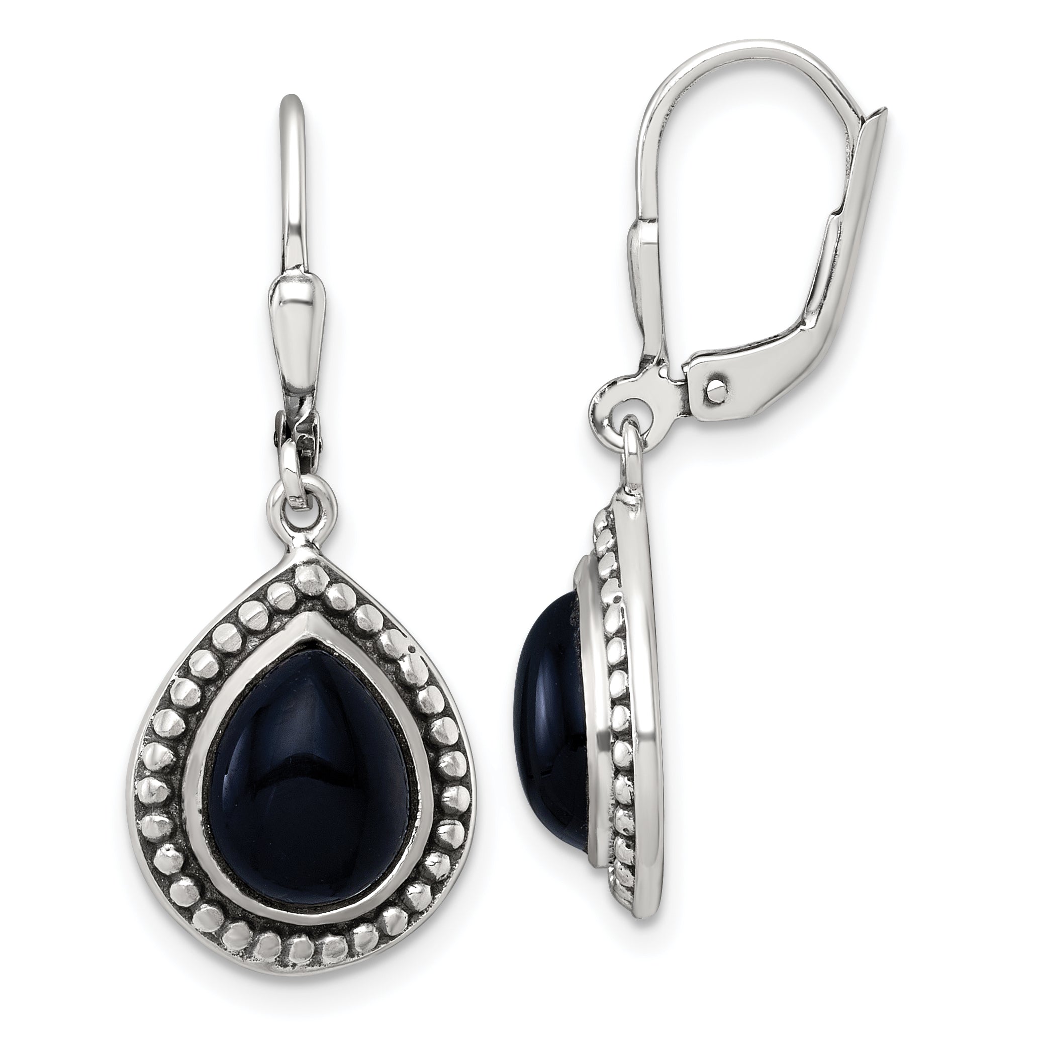 Sterling Silver Antiqued Onyx Teardrop Cabochon Leverback Dangle Earrings
