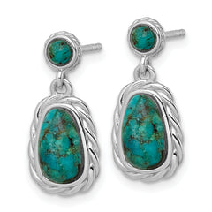 Sterling Silver Rhodium-plated Polished Twisted Edge Compressed Turquoise Cabochon Dangle Post Earrings