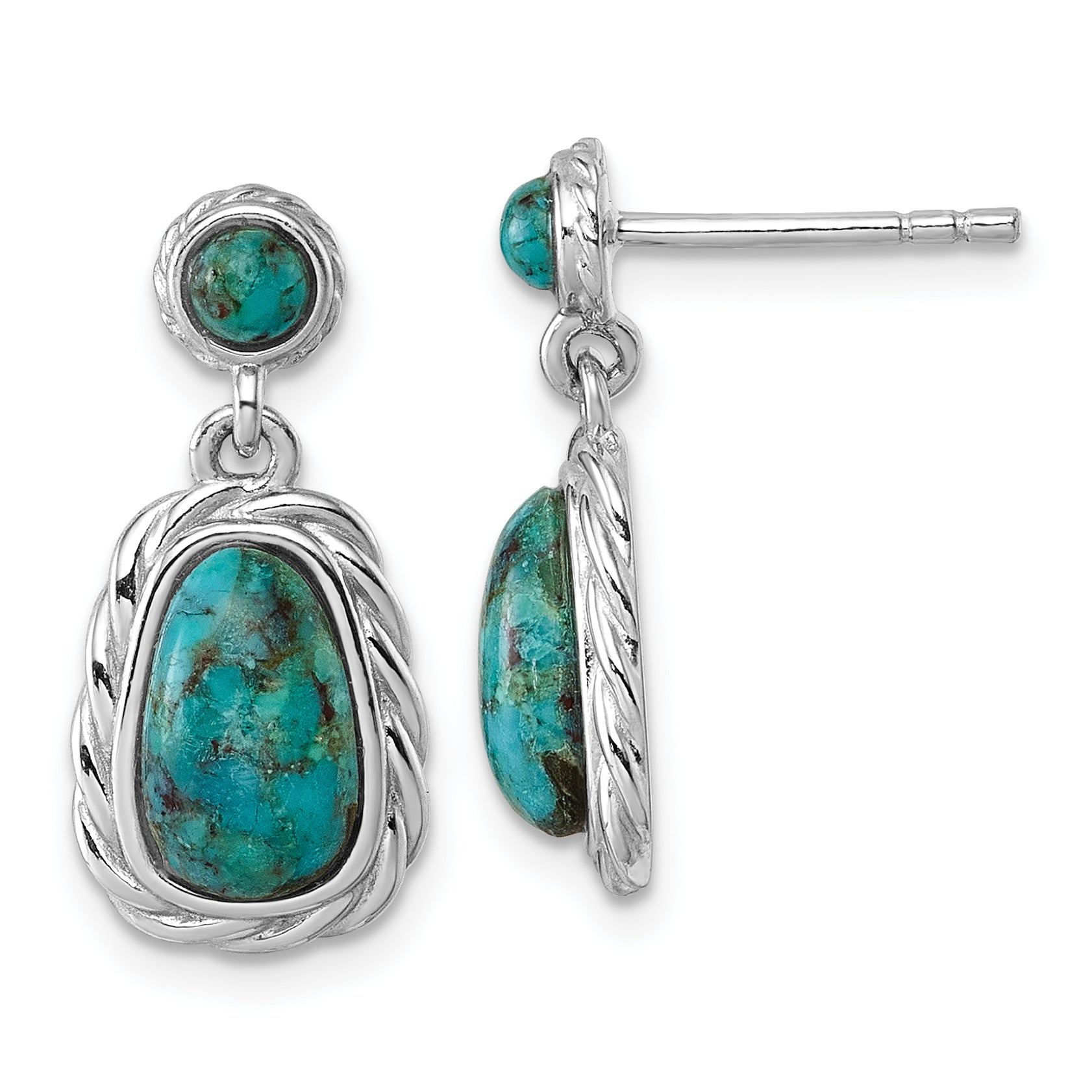 Sterling Silver Rhodium-plated Polished Twisted Edge Compressed Turquoise Cabochon Dangle Post Earrings