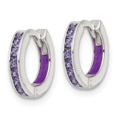 Sterling Silver Polished Purple CZ and Purple Enamel In and Out 13mm Hinged Round Hoop Earrings
