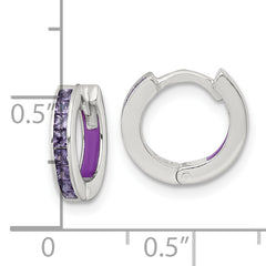 Sterling Silver Polished Purple CZ and Purple Enamel In and Out 13mm Hinged Round Hoop Earrings