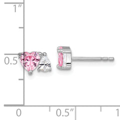 Sterling Silver Rhodium-plated Polished Heart Pink and White Pear CZ Post Earrings