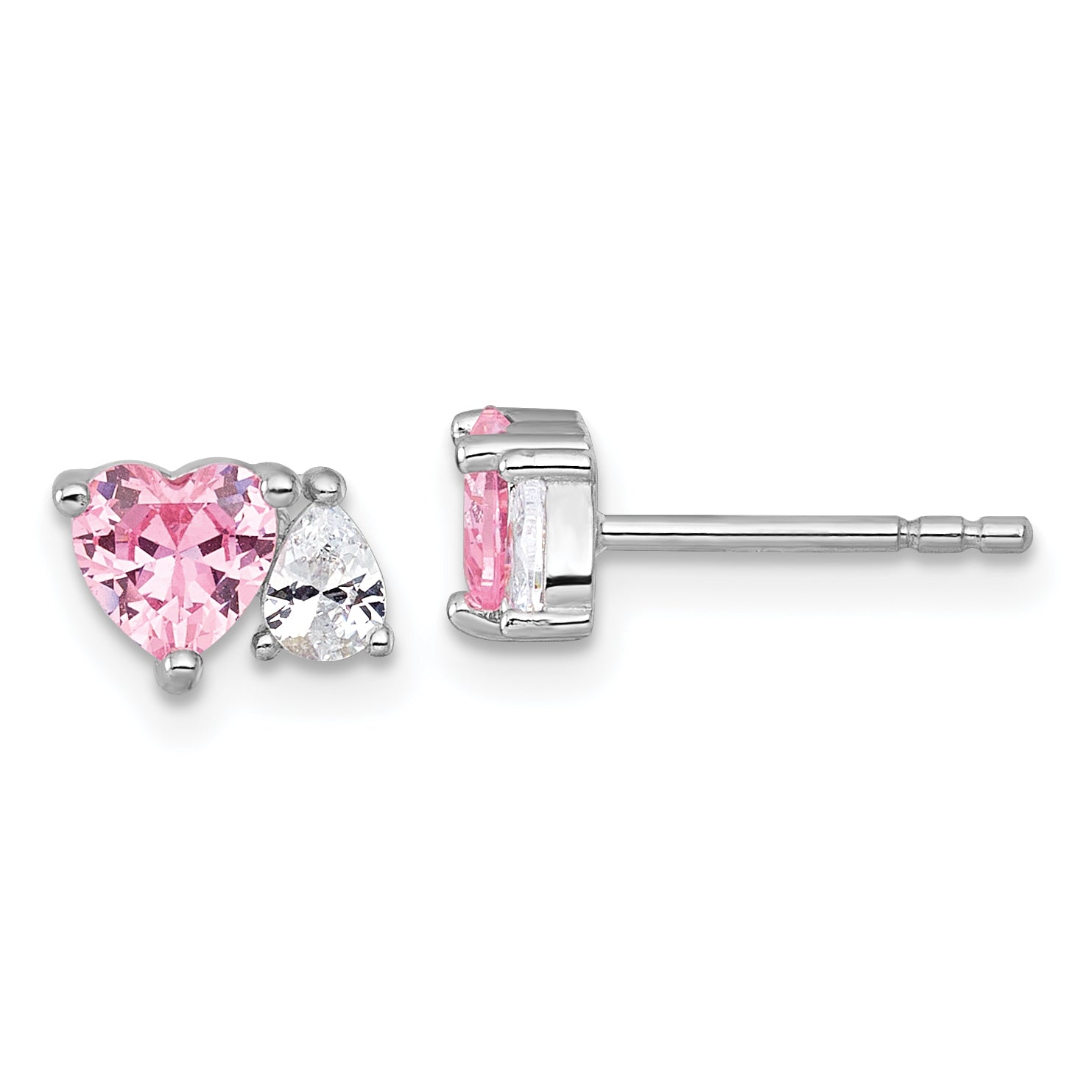 Sterling Silver Rhodium-plated Polished Heart Pink and White Pear CZ Post Earrings