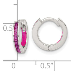Sterling Silver Polished Pink CZ and Pink Enamel In and Out 13mm Hinged Round Hoop Earrings