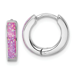 Sterling Silver Rhodium-plated Polished 3.25mm x 12mm Pink Lab Created Opal Hinged Hoop Earrings