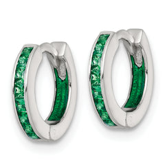 Sterling Silver Polished Green CZ and Green Enamel In and Out 13mm Hinged Round Hoop Earrings