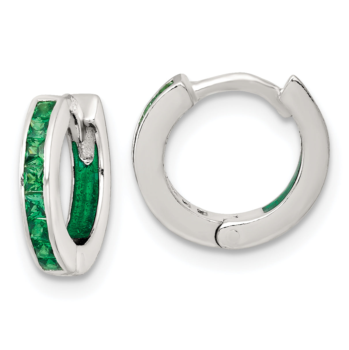Sterling Silver Polished Green CZ and Green Enamel In and Out 13mm Hinged Round Hoop Earrings
