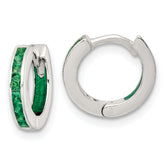 Sterling Silver Polished Green CZ and Green Enamel In and Out 13mm Hinged Round Hoop Earrings