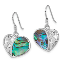 Sterling Silver Rhodium-plated Polished Abalone Heart and Leaves Dangle Shepherd Hook Earrings