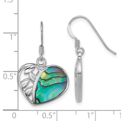 Sterling Silver Rhodium-plated Polished Abalone Heart and Leaves Dangle Shepherd Hook Earrings