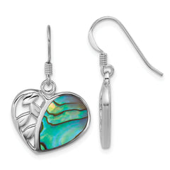 Sterling Silver Rhodium-plated Polished Abalone Heart and Leaves Dangle Shepherd Hook Earrings