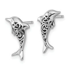 Sterling Silver Rhodium-plated Polished and Oxidized Filigree Dolphin Post Earrings