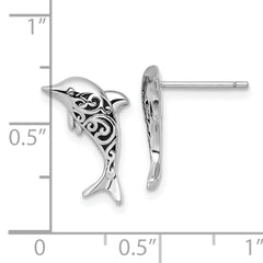 Sterling Silver Rhodium-plated Polished and Oxidized Filigree Dolphin Post Earrings