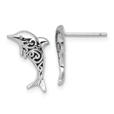 Sterling Silver Rhodium-plated Polished and Oxidized Filigree Dolphin Post Earrings