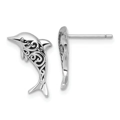 Sterling Silver Rhodium-plated Polished and Oxidized Filigree Dolphin Post Earrings