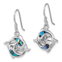 Sterling Silver Rhodium-plated Polished Abalone Dolphins Dangle Shepherd Hook Earrings