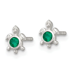 Sterling Silver Polished Green CZ Turtle Mini Post Earrings