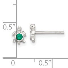 Sterling Silver Polished Green CZ Turtle Mini Post Earrings
