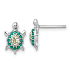 Sterling Silver Rhodium-plated Polished Green And Yellow Nano Crystals Turtle Post Earrings