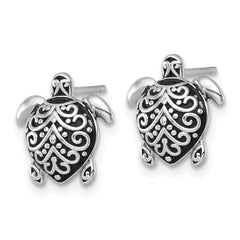 Sterling Silver Polished and Oxidized Filigree Hollow Turtle Post Earrings