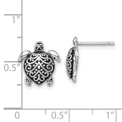 Sterling Silver Polished and Oxidized Filigree Hollow Turtle Post Earrings