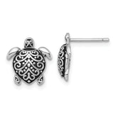 Sterling Silver Polished and Oxidized Filigree Hollow Turtle Post Earrings