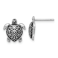 Sterling Silver Polished and Oxidized Filigree Hollow Turtle Post Earrings