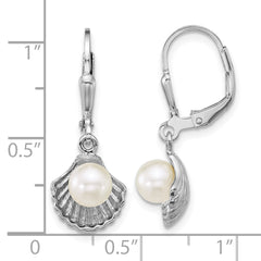 Sterling Silver Rhodium-plated Polished Sea Shell and Acrylic Pearl Leverback Earrings