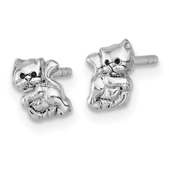 Sterling Silver Rhodium-plated Polished Enameled Cat Kitten Post Earrings