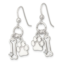Sterling Silver Polished White CZ Bone and Paw Dangle Shepherd Hook Earrings