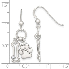 Sterling Silver Polished White CZ Bone and Paw Dangle Shepherd Hook Earrings