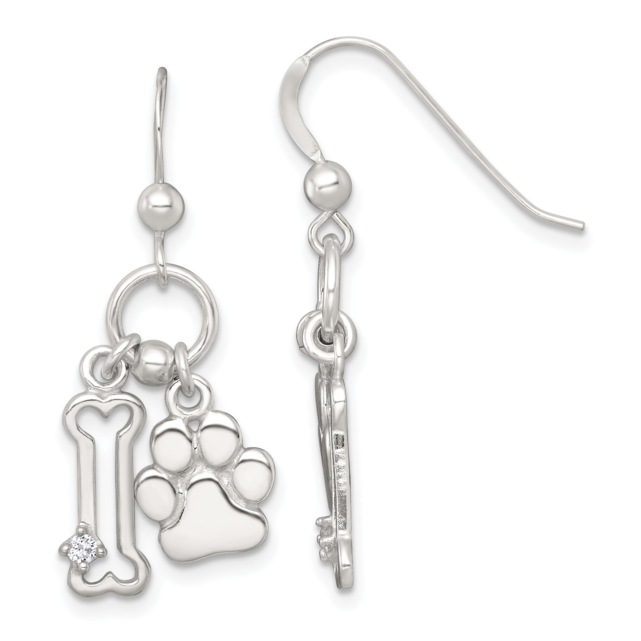 Sterling Silver Polished White CZ Bone and Paw Dangle Shepherd Hook Earrings