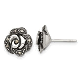 Sterling Silver Antiqued Marcasite Fancy Rose Post Earrings