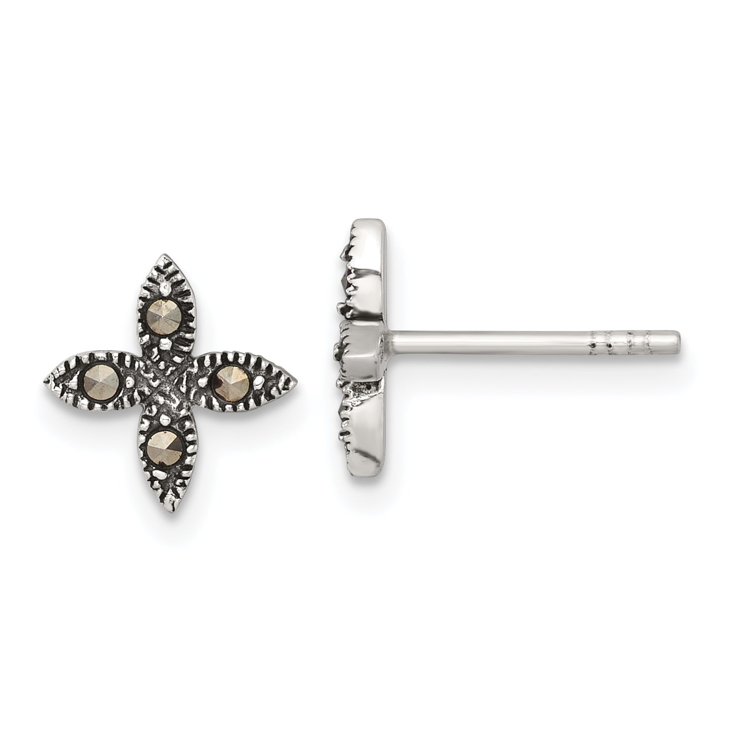 Sterling Silver Antiqued Marcasite Fancy Flower Post Earrings