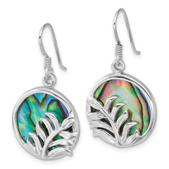 Sterling Silver Rhodium-plated Polished Round Abalone with Leaves Dangle Shepherd Hook Earrings