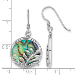 Sterling Silver Rhodium-plated Polished Round Abalone with Leaves Dangle Shepherd Hook Earrings