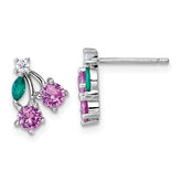 Sterling Silver Rhodium-plated CZ and Lab Created Corundum and Green Glass Cherry Post Earrings