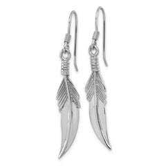 Sterling Silver Rhodium-plated Polished and Textured Feather Dangle Shepherd Hook Earrings
