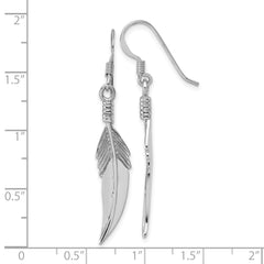 Sterling Silver Rhodium-plated Polished and Textured Feather Dangle Shepherd Hook Earrings