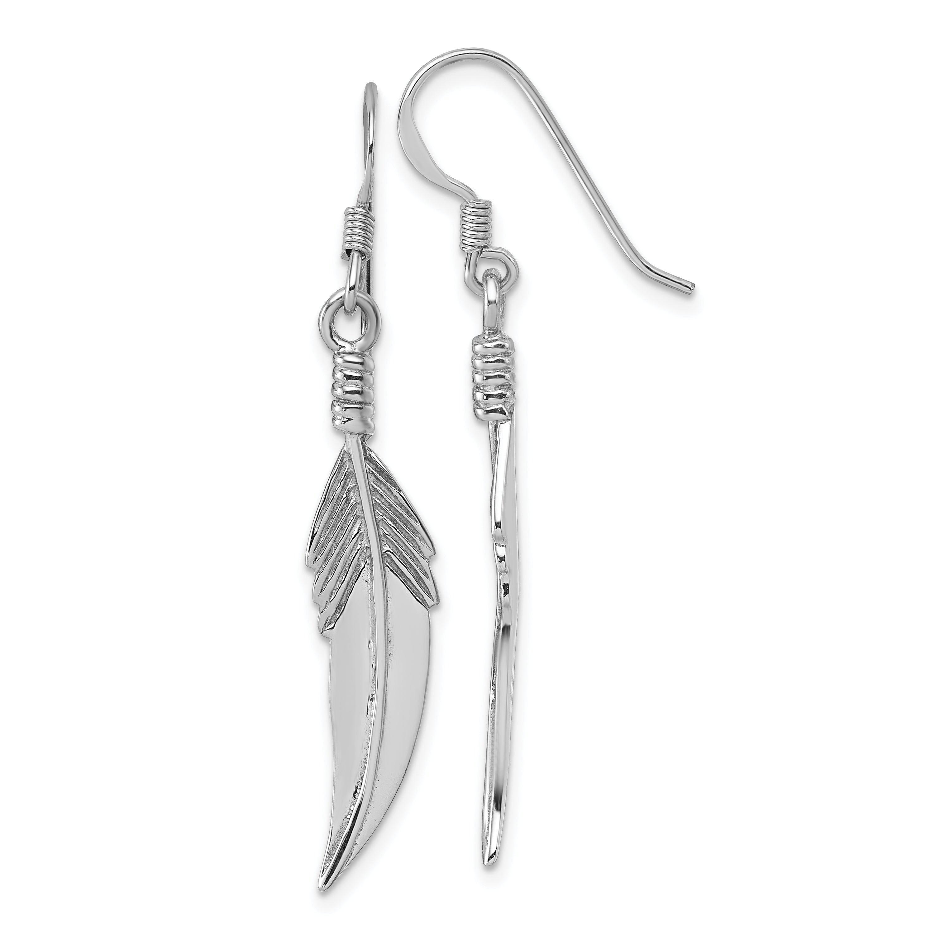 Sterling Silver Rhodium-plated Polished and Textured Feather Dangle Shepherd Hook Earrings