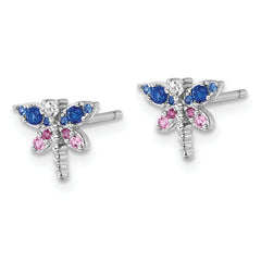 Sterling Silver Rhodium-plated CZ and Lab Created Corundum and Blue Glass Dragonfly Post Earrings