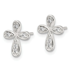 Sterling Silver Polished CZ Cross Post Earrings
