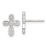 Sterling Silver Polished CZ Cross Post Earrings