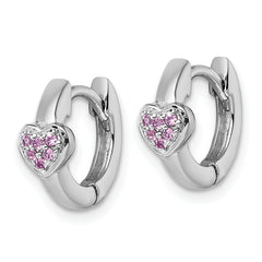 Sterling Silver Rhodium-plated Polished Pink CZ Heart 2mm x 11mm Hinged Hoop Earrings